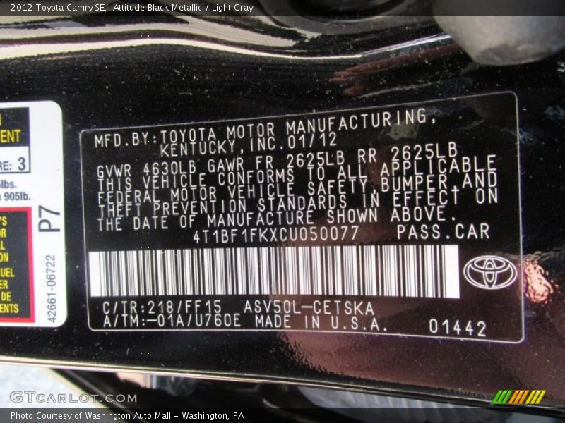 Attitude Black Metallic / Light Gray 2012 Toyota Camry SE