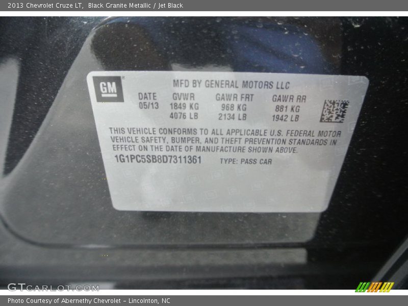 Black Granite Metallic / Jet Black 2013 Chevrolet Cruze LT