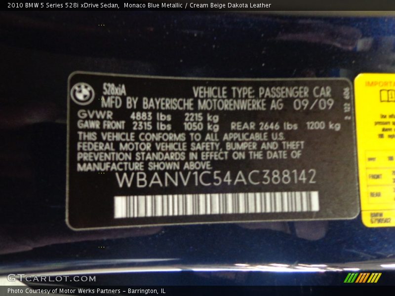 Monaco Blue Metallic / Cream Beige Dakota Leather 2010 BMW 5 Series 528i xDrive Sedan