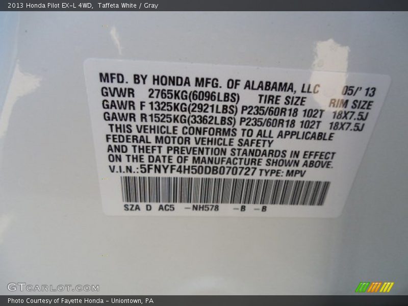 Taffeta White / Gray 2013 Honda Pilot EX-L 4WD