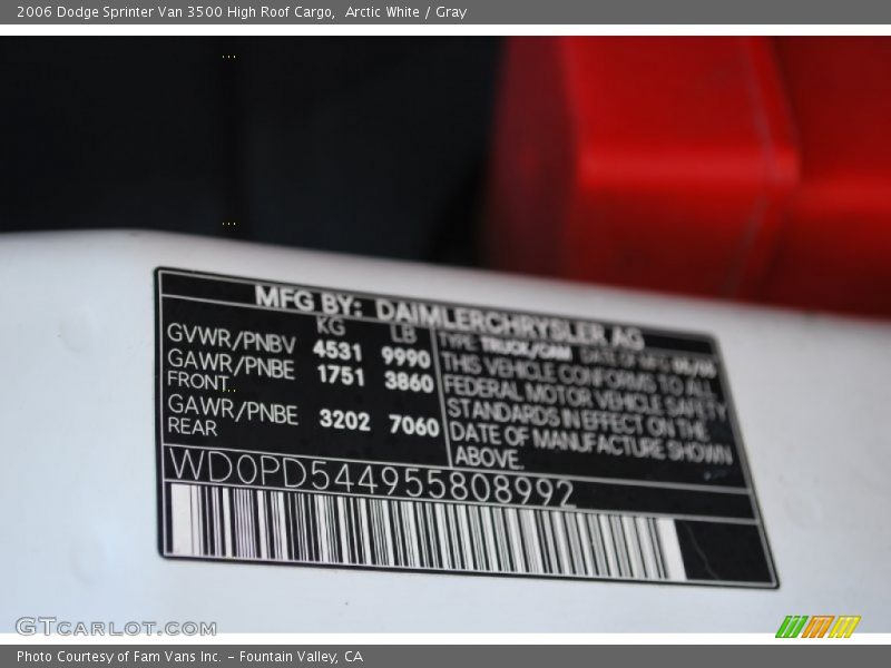 Info Tag of 2006 Sprinter Van 3500 High Roof Cargo