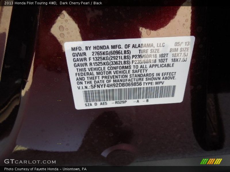 Dark Cherry Pearl / Black 2013 Honda Pilot Touring 4WD