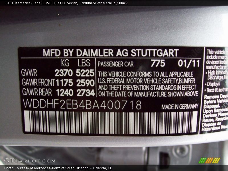 Iridium Silver Metallic / Black 2011 Mercedes-Benz E 350 BlueTEC Sedan