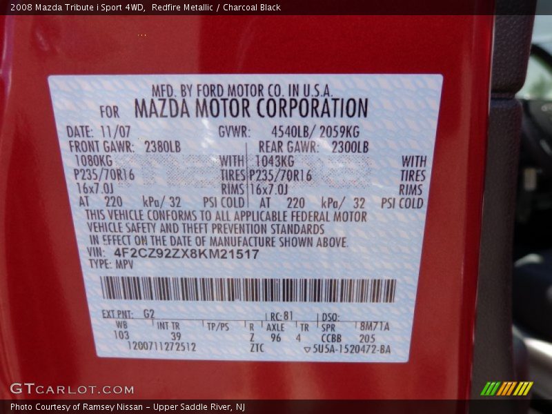 Redfire Metallic / Charcoal Black 2008 Mazda Tribute i Sport 4WD