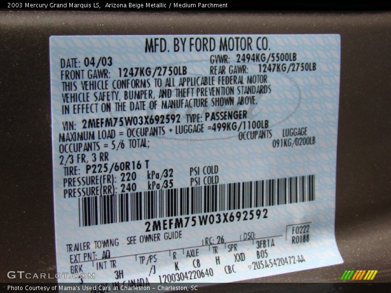 Arizona Beige Metallic / Medium Parchment 2003 Mercury Grand Marquis LS