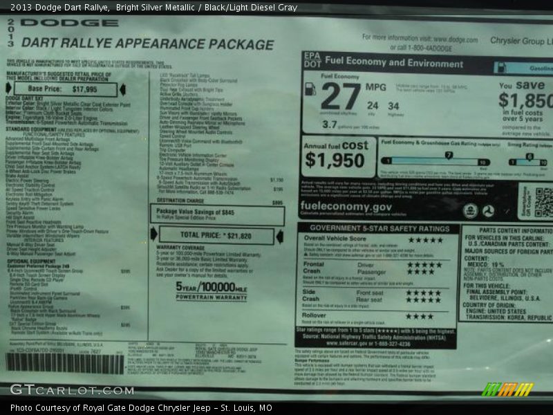 Bright Silver Metallic / Black/Light Diesel Gray 2013 Dodge Dart Rallye