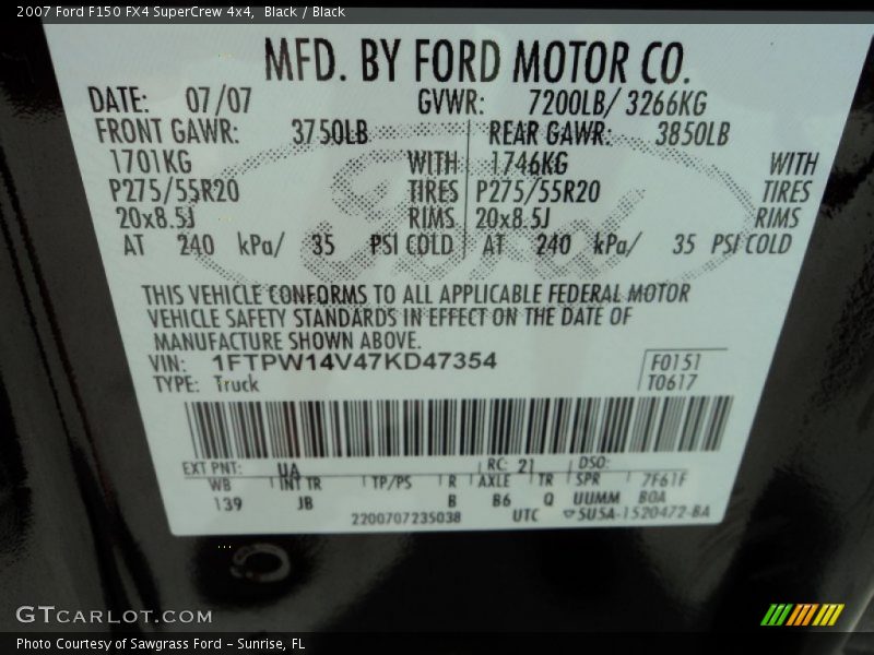 2007 F150 FX4 SuperCrew 4x4 Black Color Code UA