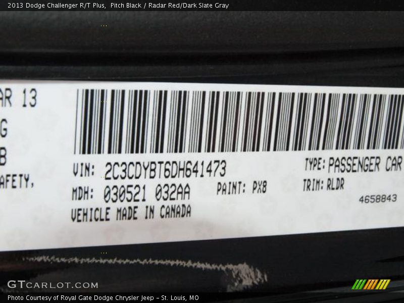 Pitch Black / Radar Red/Dark Slate Gray 2013 Dodge Challenger R/T Plus