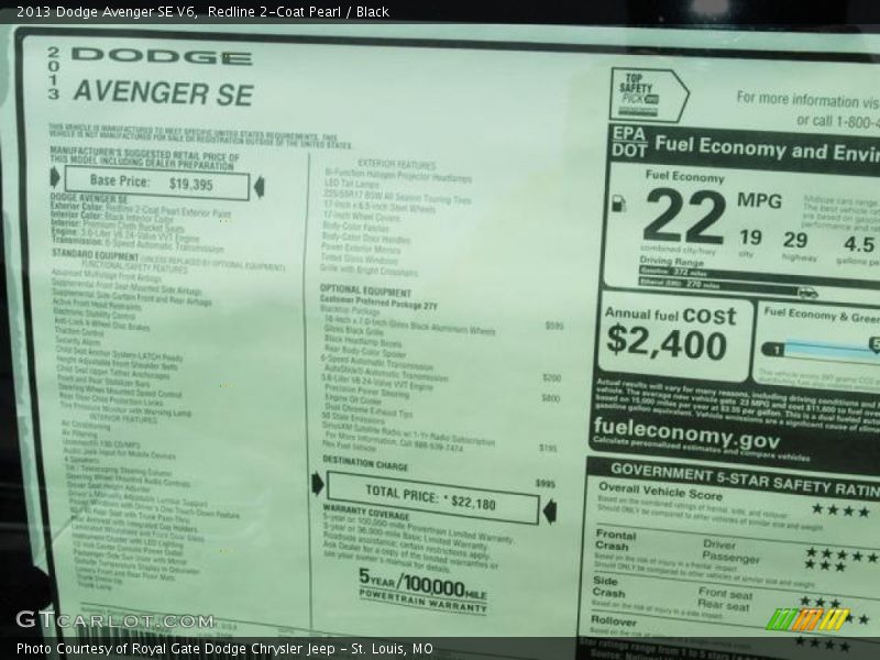 Redline 2-Coat Pearl / Black 2013 Dodge Avenger SE V6