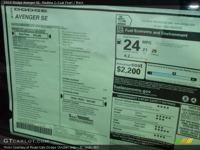 Redline 2-Coat Pearl / Black 2013 Dodge Avenger SE