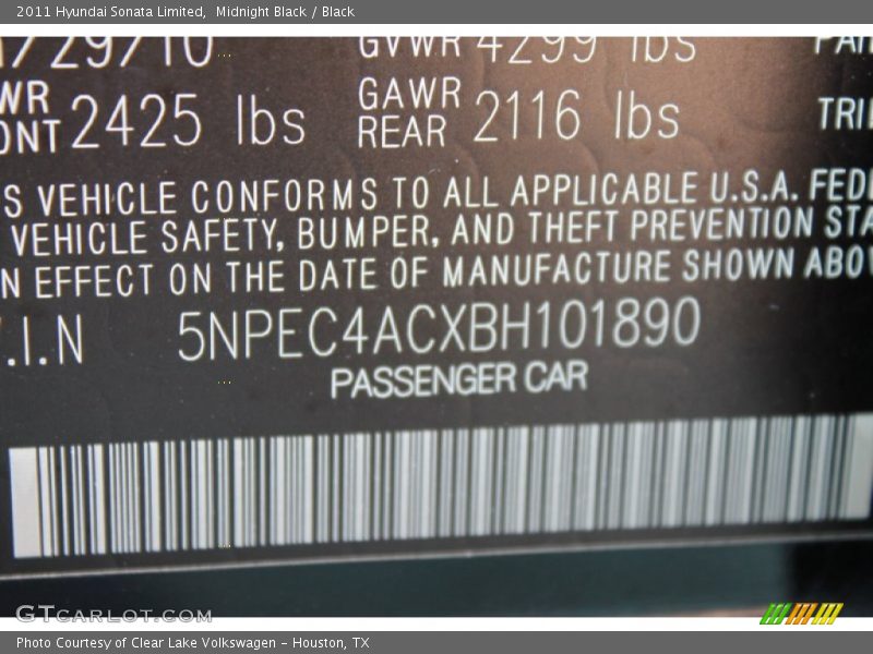 Midnight Black / Black 2011 Hyundai Sonata Limited
