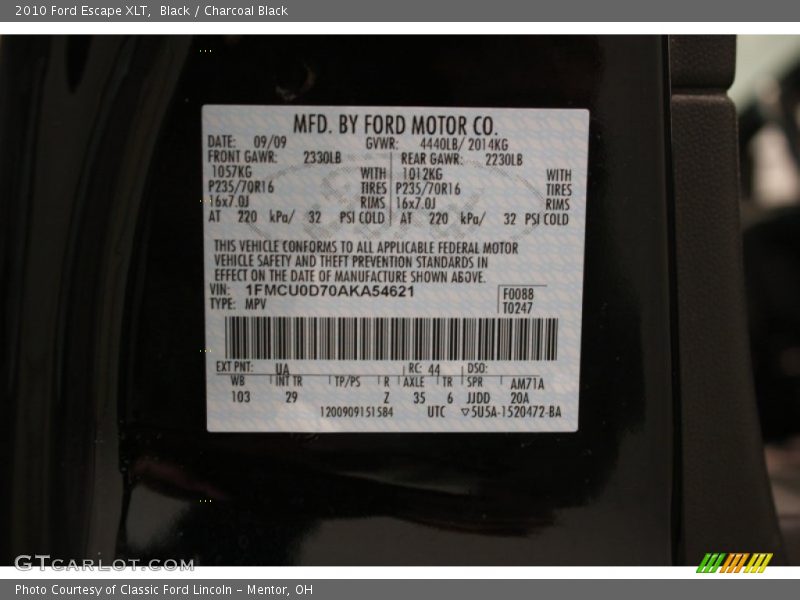 Black / Charcoal Black 2010 Ford Escape XLT