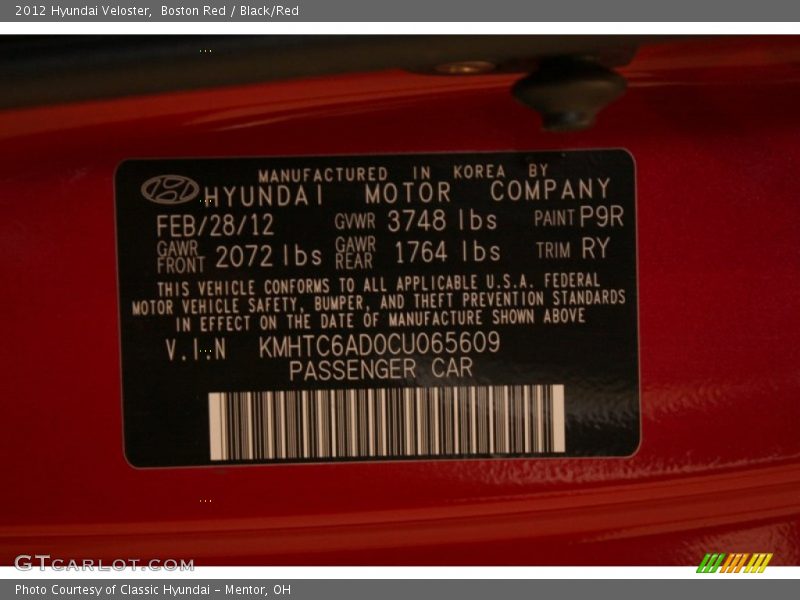 2012 Veloster  Boston Red Color Code P9R