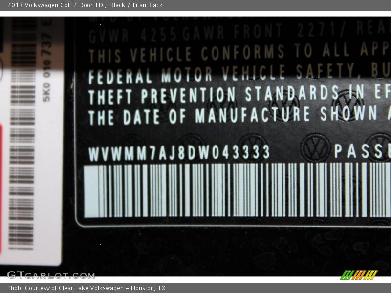 Black / Titan Black 2013 Volkswagen Golf 2 Door TDI