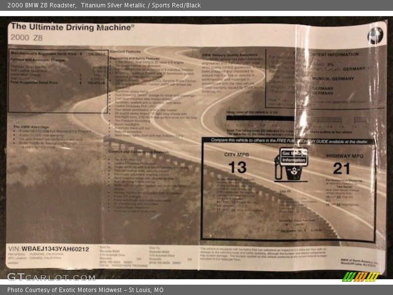  2000 Z8 Roadster Window Sticker