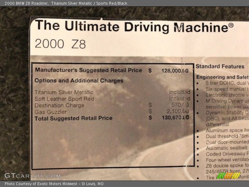  2000 Z8 Roadster Window Sticker