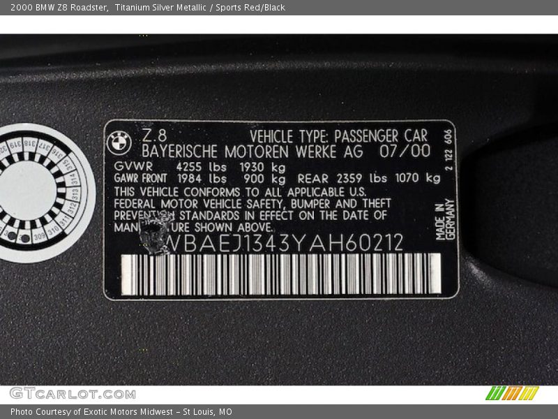 Info Tag of 2000 Z8 Roadster