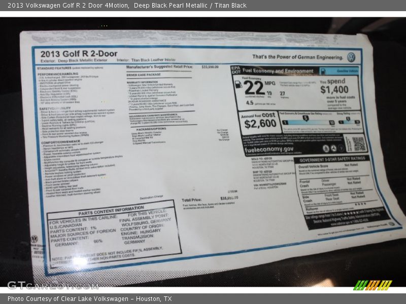 Deep Black Pearl Metallic / Titan Black 2013 Volkswagen Golf R 2 Door 4Motion
