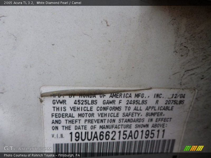 White Diamond Pearl / Camel 2005 Acura TL 3.2