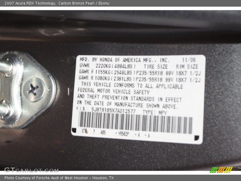 Carbon Bronze Pearl / Ebony 2007 Acura RDX Technology