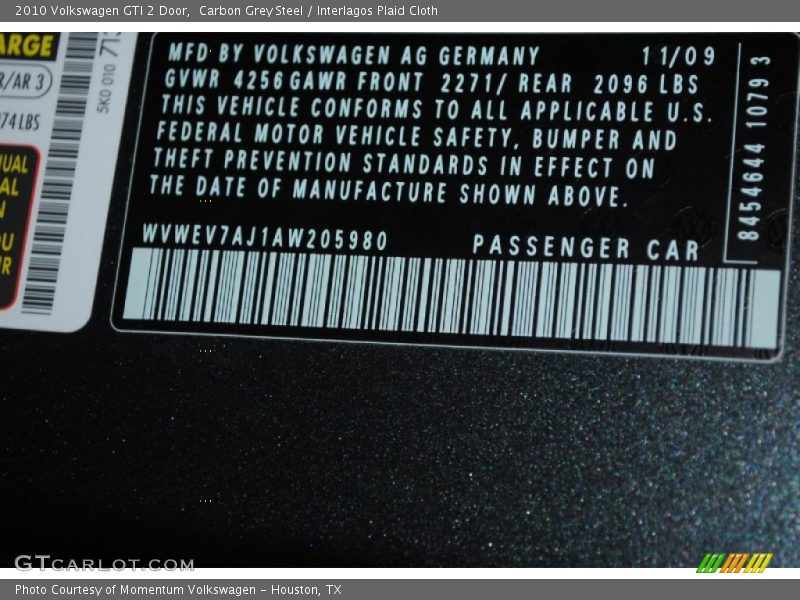 Carbon Grey Steel / Interlagos Plaid Cloth 2010 Volkswagen GTI 2 Door