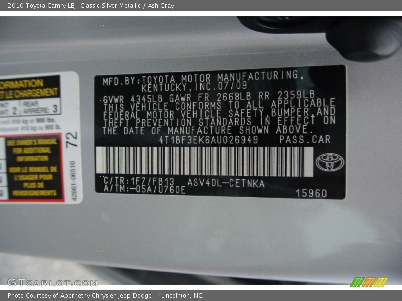 Classic Silver Metallic / Ash Gray 2010 Toyota Camry LE