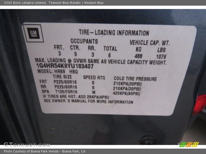 Info Tag of 2000 LeSabre Limited