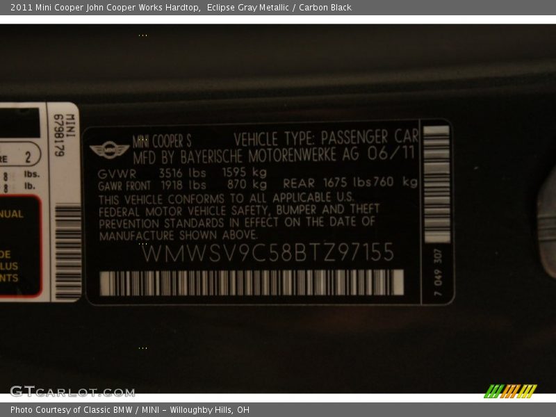 Eclipse Gray Metallic / Carbon Black 2011 Mini Cooper John Cooper Works Hardtop