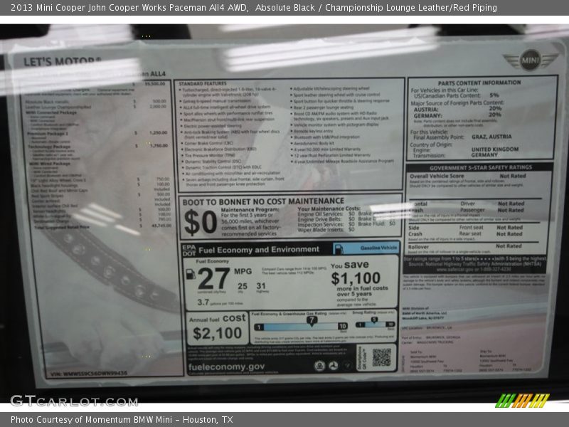  2013 Cooper John Cooper Works Paceman All4 AWD Window Sticker