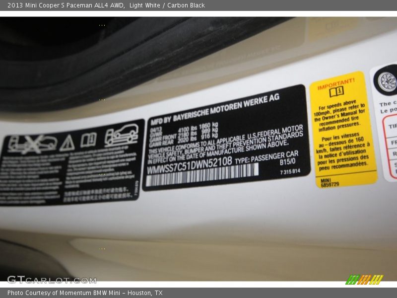 Light White / Carbon Black 2013 Mini Cooper S Paceman ALL4 AWD