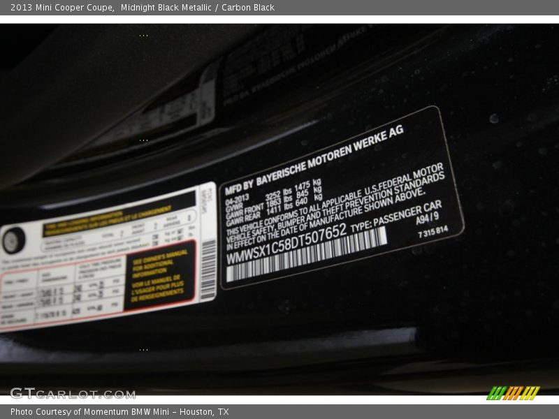 Midnight Black Metallic / Carbon Black 2013 Mini Cooper Coupe