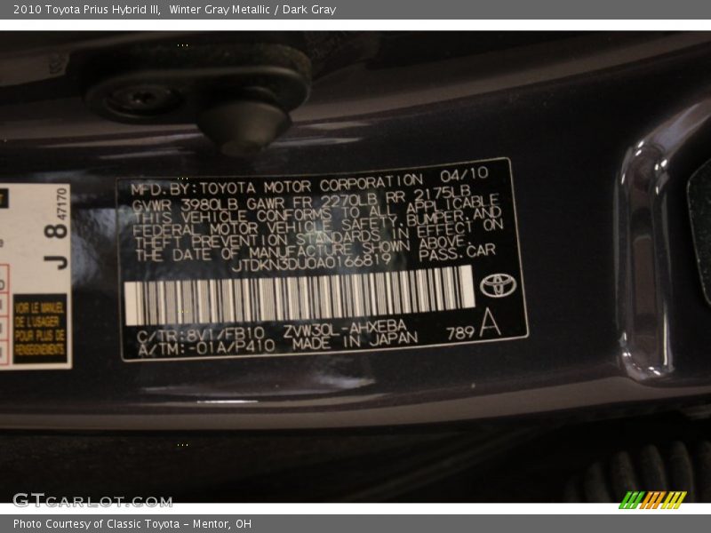 Winter Gray Metallic / Dark Gray 2010 Toyota Prius Hybrid III