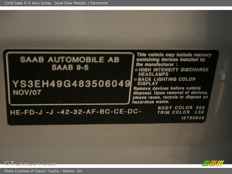 2008 9-5 Aero Sedan Snow Silver Metallic Color Code 309