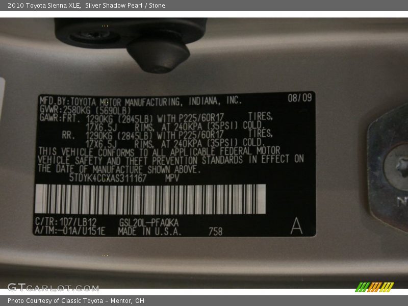 Silver Shadow Pearl / Stone 2010 Toyota Sienna XLE