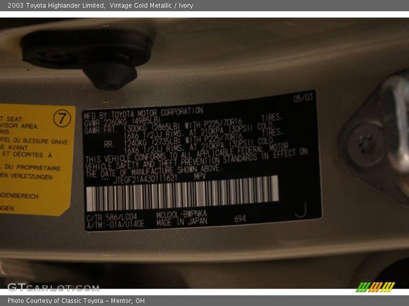 Vintage Gold Metallic / Ivory 2003 Toyota Highlander Limited