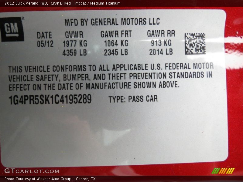 Crystal Red Tintcoat / Medium Titanium 2012 Buick Verano FWD