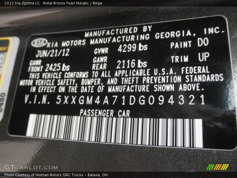 Metal Bronze Pearl Metallic / Beige 2013 Kia Optima LX