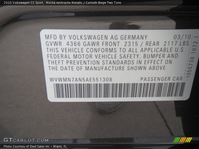 Mocha Anthracite Metallic / Cornsilk Beige Two Tone 2010 Volkswagen CC Sport