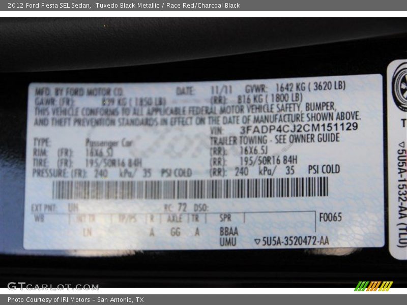 Tuxedo Black Metallic / Race Red/Charcoal Black 2012 Ford Fiesta SEL Sedan