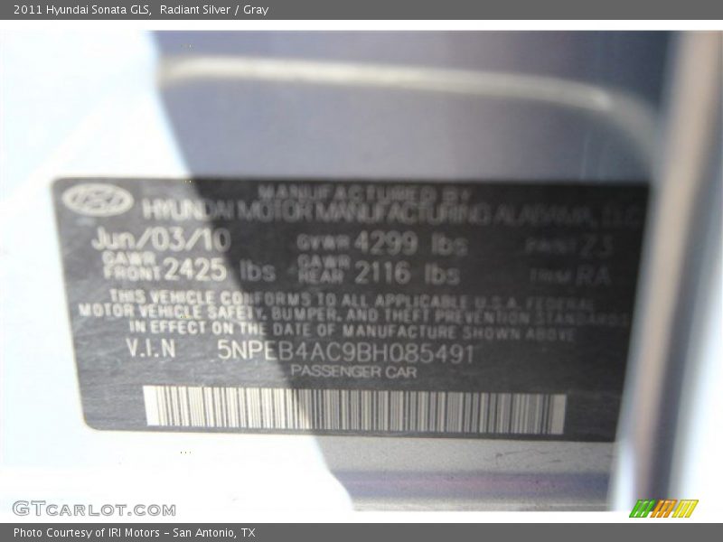 Radiant Silver / Gray 2011 Hyundai Sonata GLS
