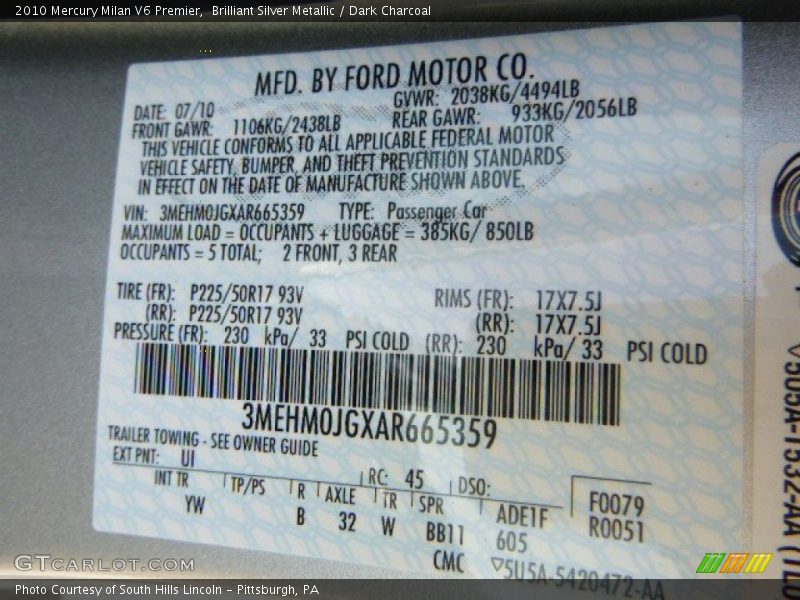 Brilliant Silver Metallic / Dark Charcoal 2010 Mercury Milan V6 Premier