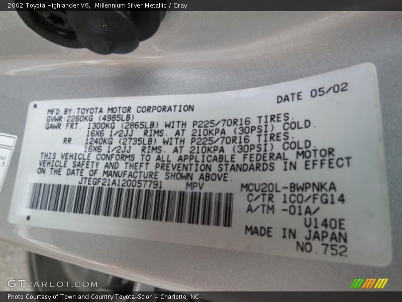 Millennium Silver Metallic / Gray 2002 Toyota Highlander V6