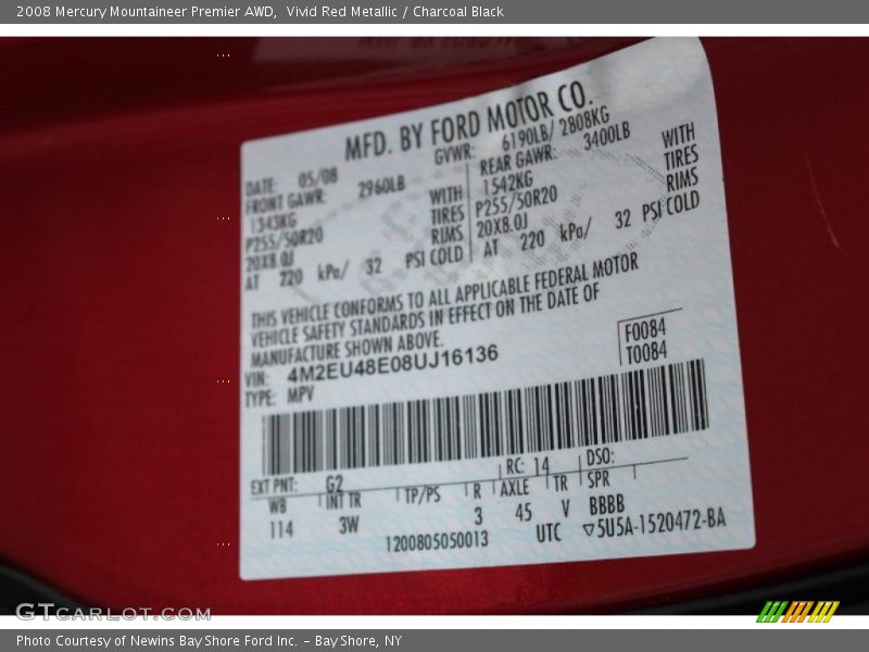 Vivid Red Metallic / Charcoal Black 2008 Mercury Mountaineer Premier AWD