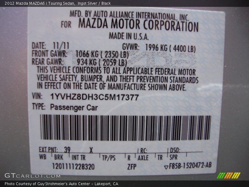 Ingot Silver / Black 2012 Mazda MAZDA6 i Touring Sedan