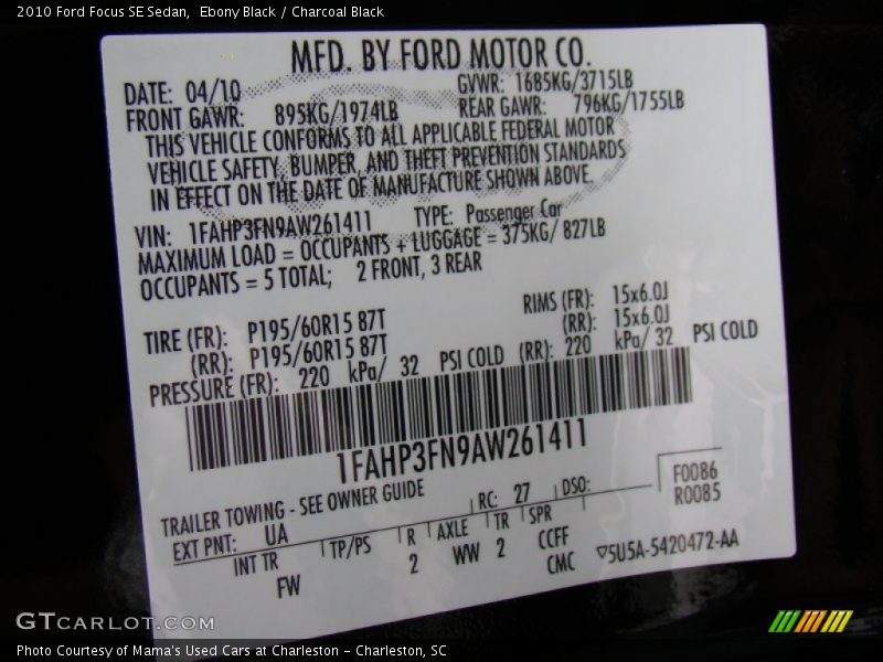 Ebony Black / Charcoal Black 2010 Ford Focus SE Sedan