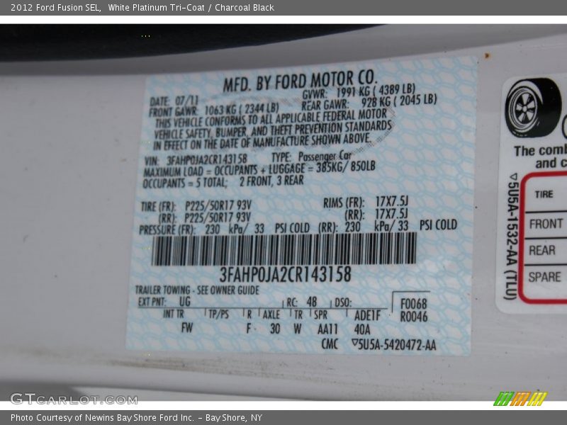 White Platinum Tri-Coat / Charcoal Black 2012 Ford Fusion SEL