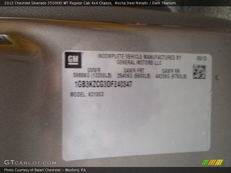 Mocha Steel Metallic / Dark Titanium 2013 Chevrolet Silverado 3500HD WT Regular Cab 4x4 Chassis