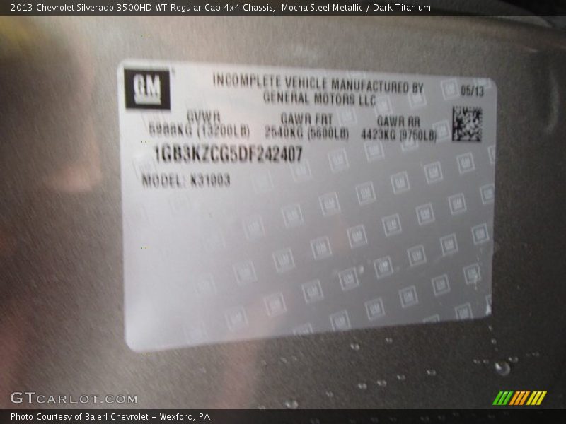 Mocha Steel Metallic / Dark Titanium 2013 Chevrolet Silverado 3500HD WT Regular Cab 4x4 Chassis