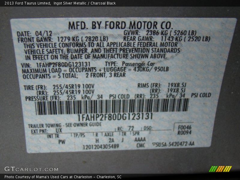 Ingot Silver Metallic / Charcoal Black 2013 Ford Taurus Limited