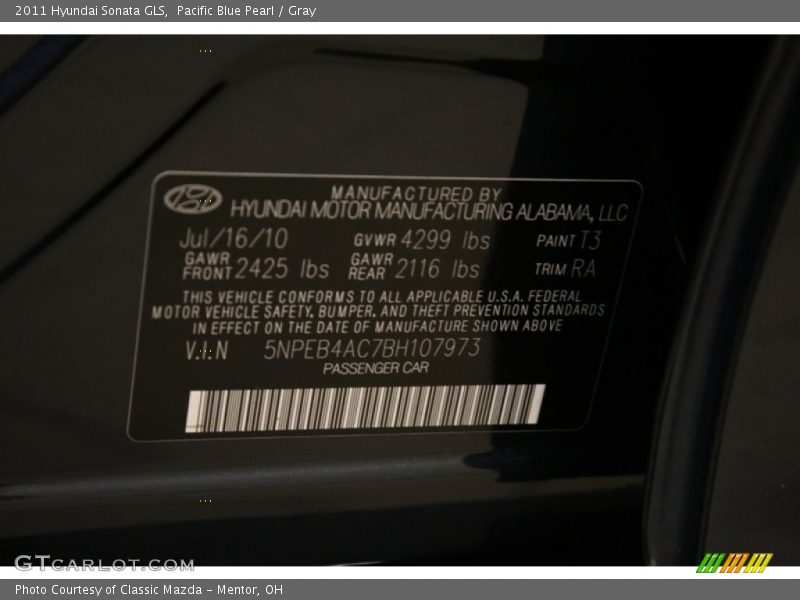 Pacific Blue Pearl / Gray 2011 Hyundai Sonata GLS